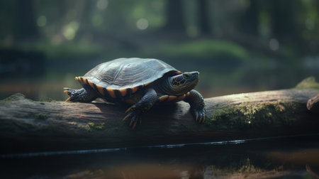 Turtle on the log in the forest. Animal in the nature.の素材