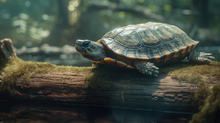 turtle on a log in the forest, photo as a background, digital imageの素材