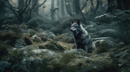 A grey wolf in a dark forest with ferns and fogの素材