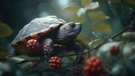 turtle on the branch with berries in the forest, close-upの素材