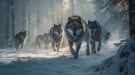 Three wolves in the winter forest. Canis lupus lupus.の素材