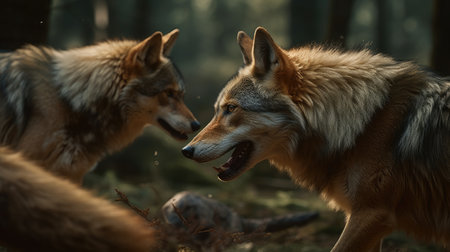 Two wolves fighting in the forest. Close-up portrait of wild animals.の素材