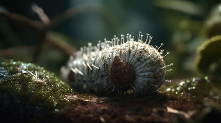 Close-up of a snail crawling on a tree trunk with mossの素材