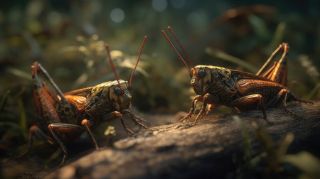 Two grasshoppers mating on a tree trunk in the forest.の素材