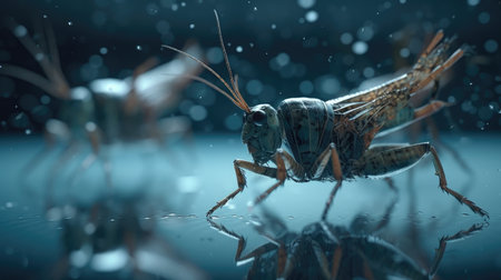 3D render of a grasshopper on a dark background with water dropsの素材