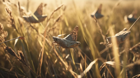 Butterfly on a blade of grass in the field at sunsetの素材