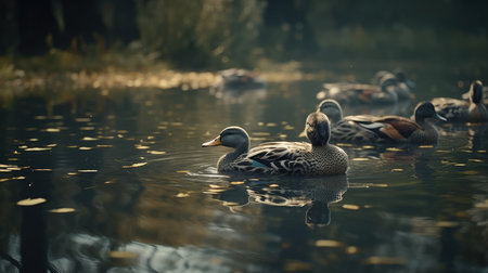 Ducks swimming in the lake in the morning. Shallow depth of fieldの素材