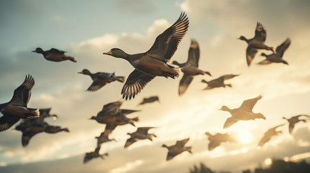 Flock of mallard ducks flying in the sky at sunset.の素材