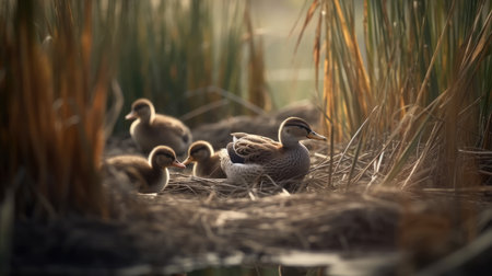 Ducklings on the lake in the morning light, nature seriesの素材