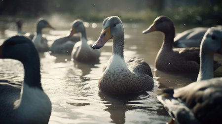 Group of ducks swimming in the river at sunset. Selective focusの素材