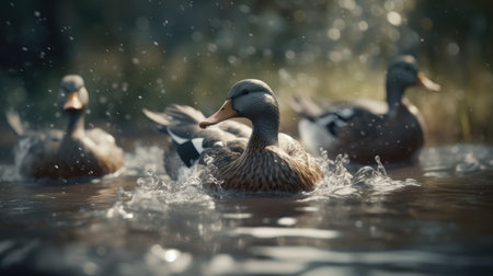 Mallard ducks swimming in a lake. Shallow depth of field.の素材