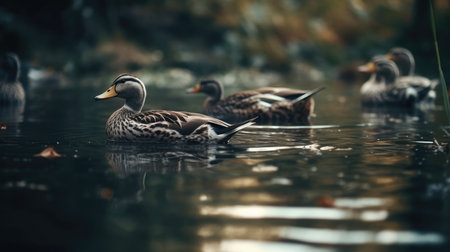 Wild ducks swimming in a lake in autumn. Beautiful nature background.の素材