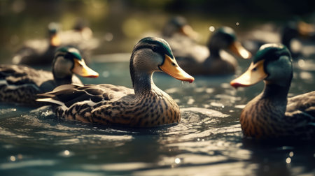 Mallard ducks swimming on the lake. Shallow depth of fieldの素材