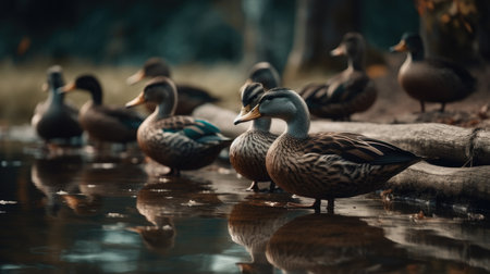 ducks on the lake in autumn, vintage style, soft focusの素材