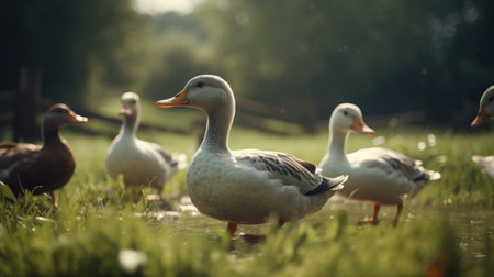 Group of ducks in the park in the summer. Close-upの素材