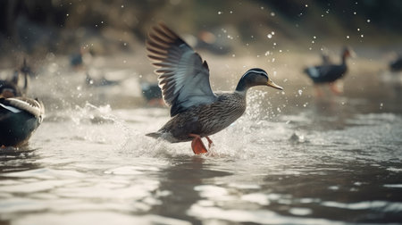 ducks on the lake in the wild, close-up of photoの素材