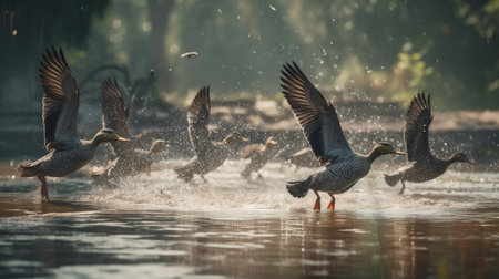 Ducks flying over a lake in the rain. Beautiful nature backgroundの素材