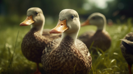 Three ducks on the green grass. Selective focus. Toned.の素材