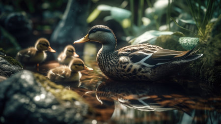 Duck with ducklings in the garden. Selective focus.の素材