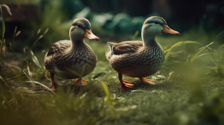 Two ducks on green grass in the park. Vintage style photo.の素材