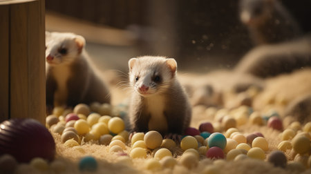 Cute ferret and colorful Easter eggs. Selective focus.の素材