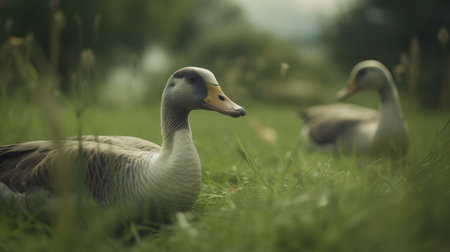 Greylag geese, Anser anser, resting on grassの素材