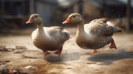 Two geese running in the village. Shallow depth of field.の素材