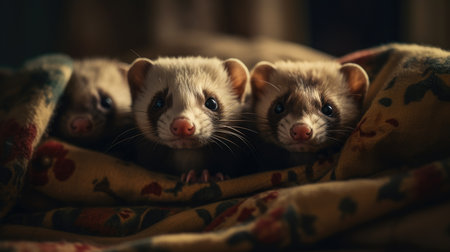 Three ferret on a blanket in the room. Selective focus.の素材