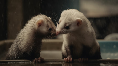 Portrait of two ferrets in the rain. Selective focus. Toned.の素材