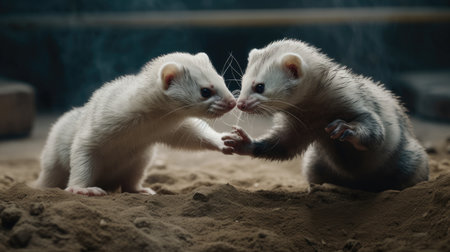 two white ferret playing in the sand, closeup of photoの素材