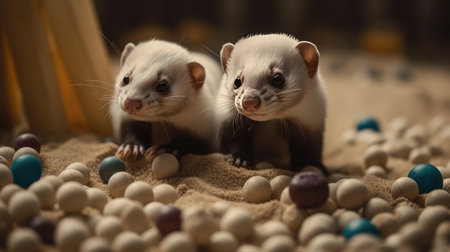 two white ferret on a wooden background with a lot of ballsの素材