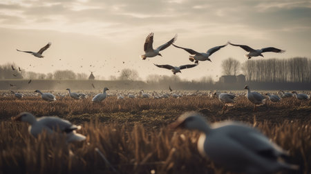 A flock of seagulls flying over a field at sunsetの素材
