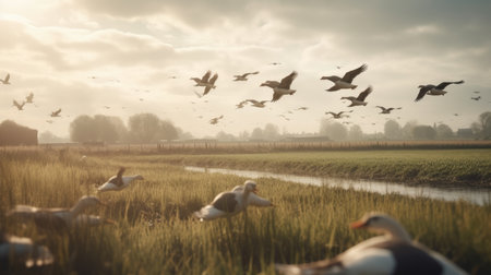 Ducks flying over a meadow in the netherlands.の素材