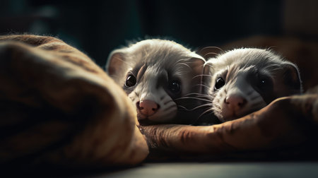 Cute little kittens lying on the bed at home. Close up.の素材