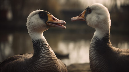 Close up of a pair of white and brown swans on the waterの素材