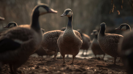 Group of greylag geese, Anser anser, walking in the park.の素材