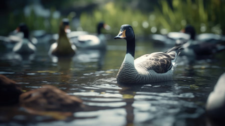 Geese swimming in a lake. Selective focus. Toned.の素材