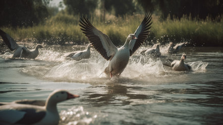 A flock of white geese swims in the river. Birds in the wildの素材