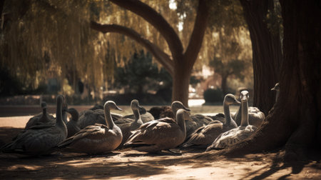 Group of swans resting under a tree in a park in Madridの素材