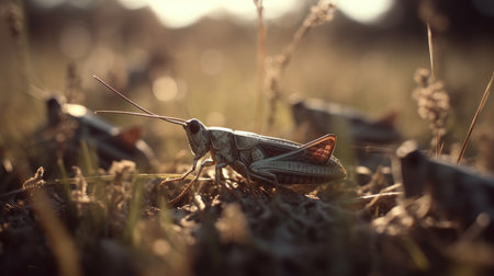 Grasshopper on the grass in the evening. Selective focus.の素材