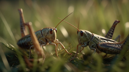 Grasshopper mating on a green meadow. Macro.の素材