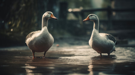 Two geese standing in the water and looking at the camera.の素材