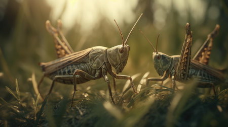 Grasshopper on the grass in the evening sun. Macroの素材