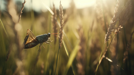 Butterfly on a wheat field at sunset. Toning.の素材