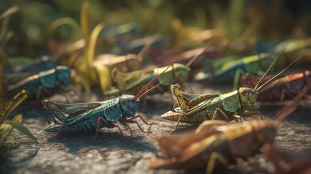 Close up of grasshopper on the ground in nature background.の素材