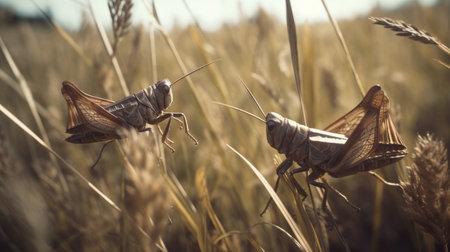 Grasshopper in a wheat field. Selective focus.の素材