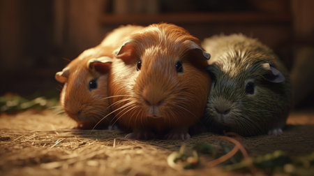 Three guinea pigs on a wooden background, close-up.の素材