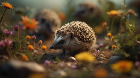 Hedgehog in the meadow with flowers. Wild, native, European hedgehog (Scientific name: Erinaceus Europaeus)の素材