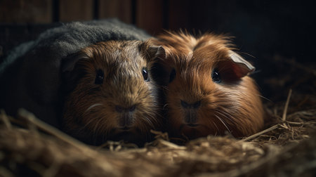 two guinea pigs in the hay on a dark background close-upの素材