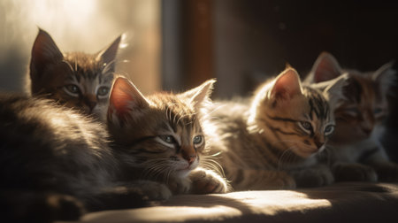 Three kittens of siberian breed in a row lying on the windowsillの素材